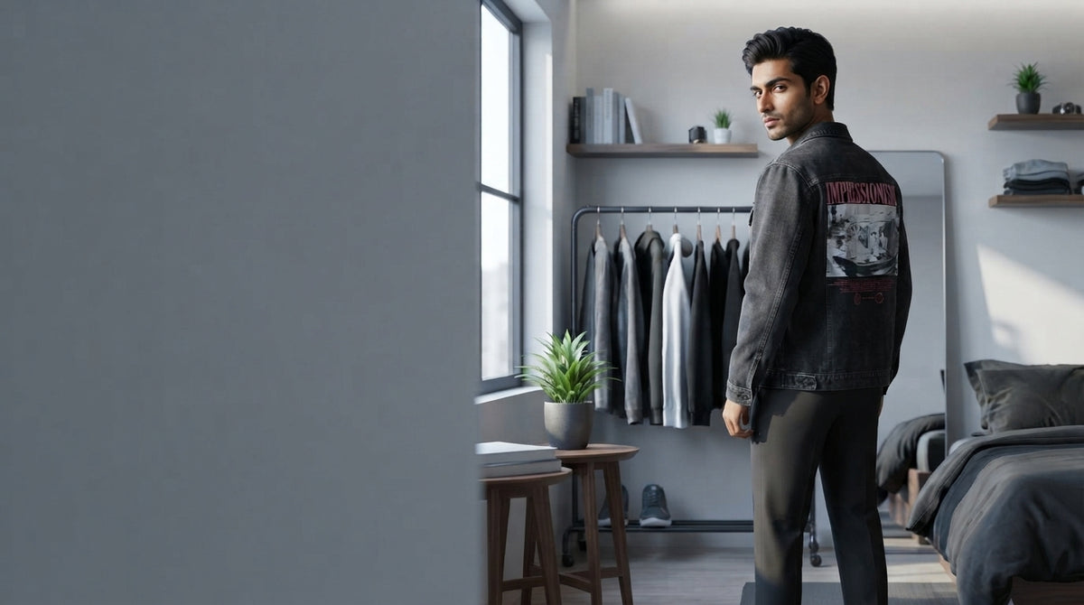 A South Asian man wearing a graphic black denim jacket in a minimalist, sunlit urban space with clean background space.