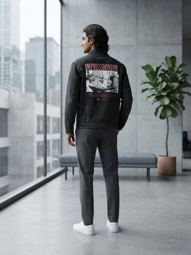 A South Asian man wearing a black denim jacket with a graphic back design in a minimalist urban setting.