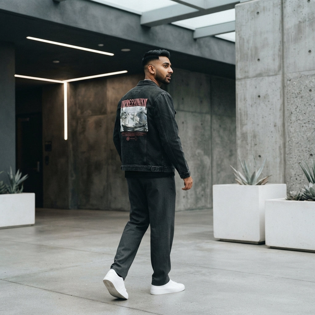 South Asian man wearing a black denim jacket with a back graphic, walking in a modern urban setting.