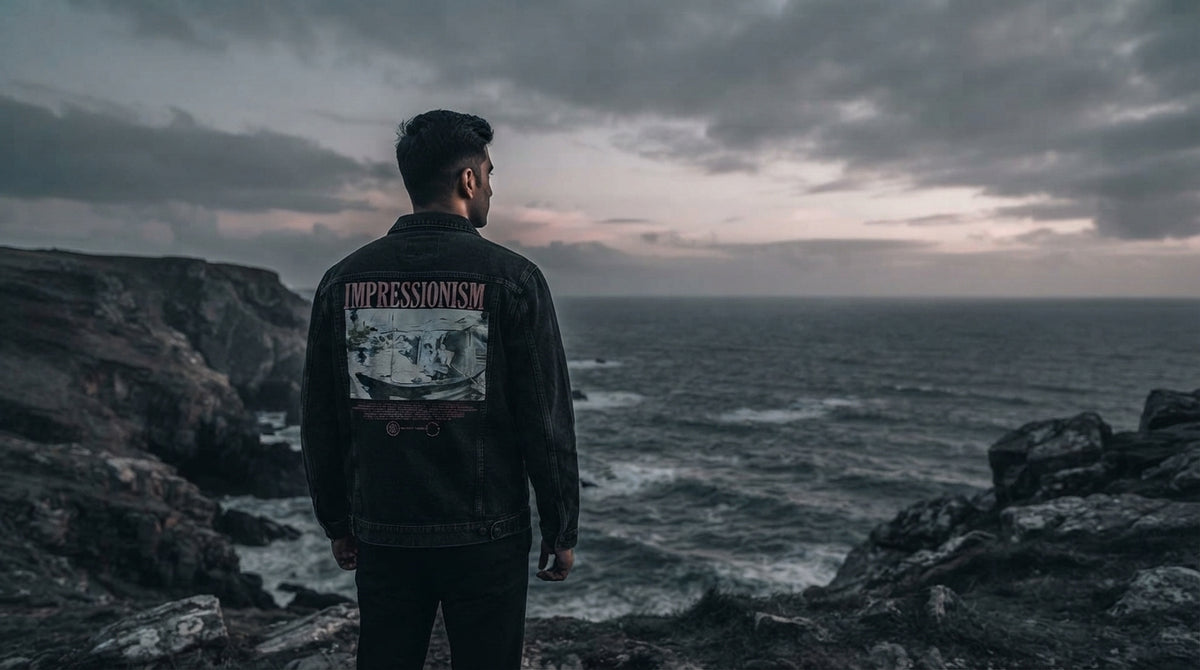 A South Asian man wearing a black graphic denim jacket standing on a scenic, rocky coastline during a cloudy, neutral-toned s